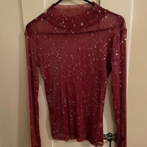 Red MANGOPOP Women's Long Sleeve Glitter Sheer Mesh Top Size Small